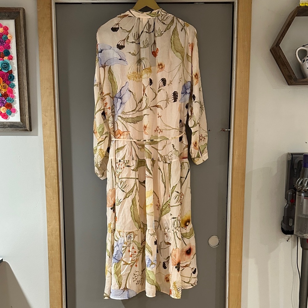 H&M Oversized Crinkled Floral Long Sleeve Dress - Cream, Orange, Blue, Green - Picture 7 of 8